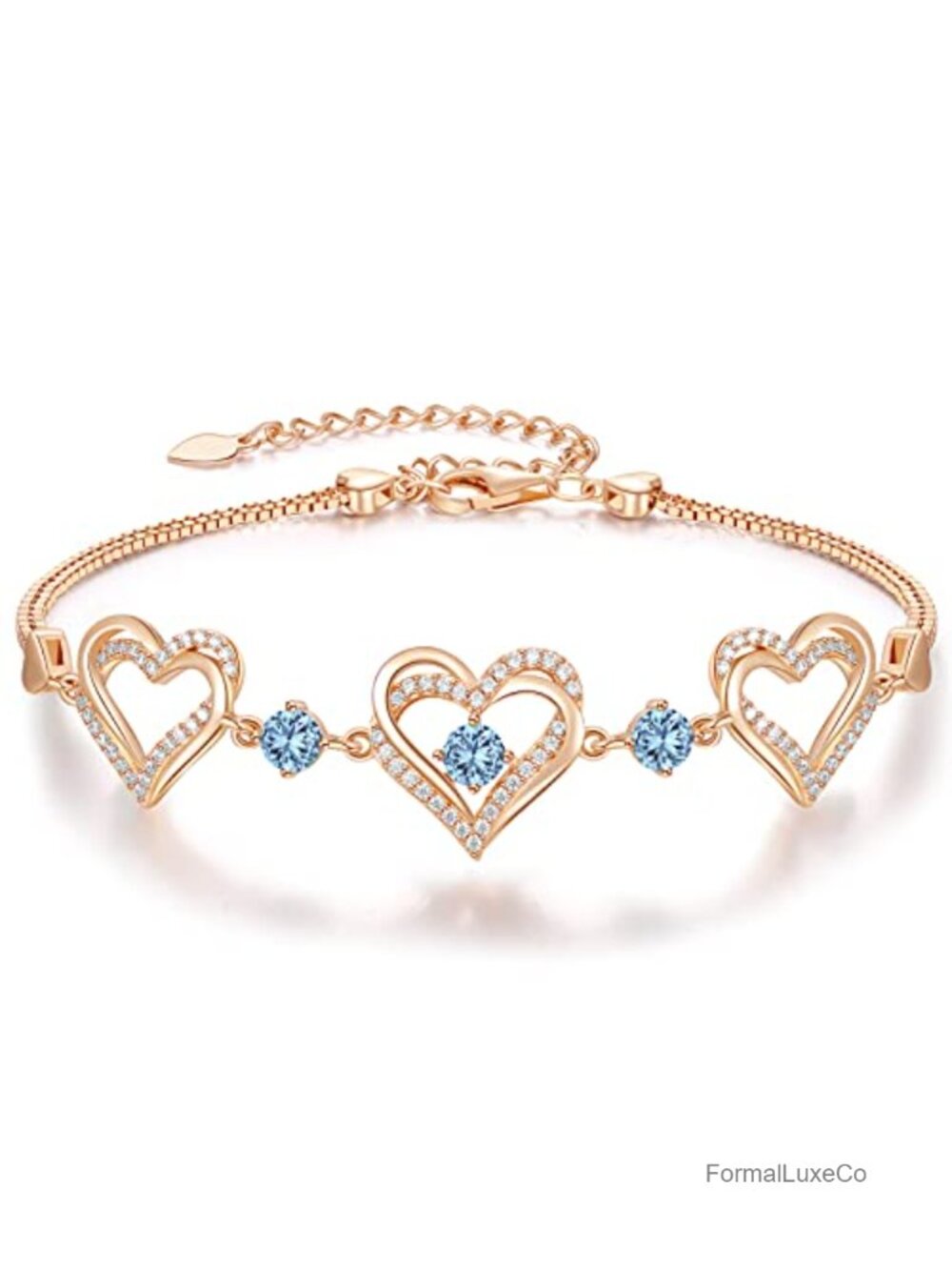 Heart Birthstone Charm Bracelet Hypoallergenic Rose Gold Plated 7+1.97in